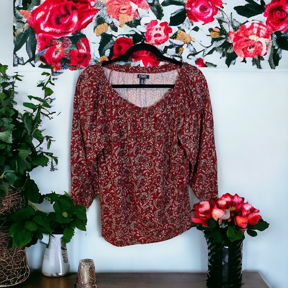 Chaps Maroon Paisley Scoop Neck Long Sleeve Blouse